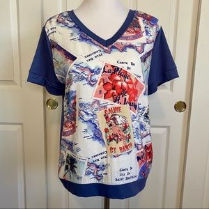 Peter Som Design Nation French Postcard Print Blue Short Sleeve Shirt Size Large